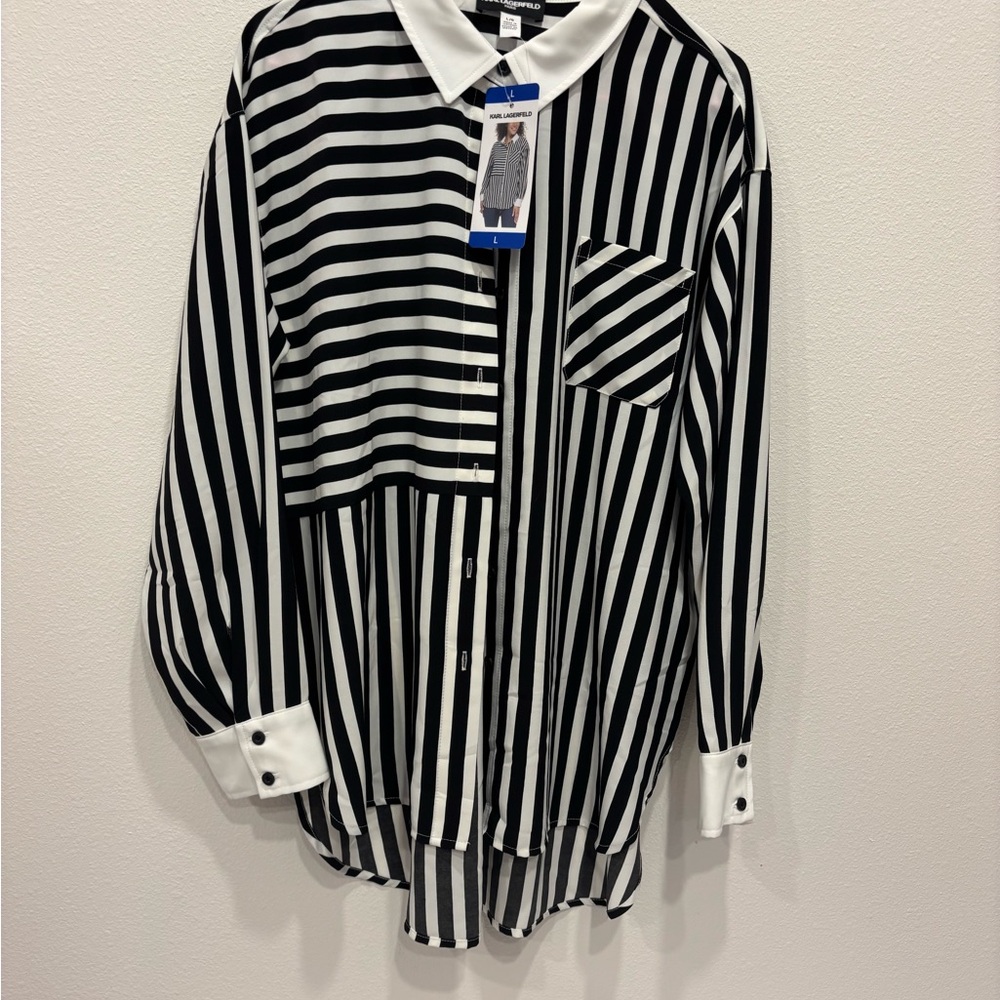 Karl Lagerfeld Black and White Striped Button Down Shirt